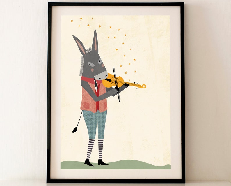 Donkey Wall Art / Donkey Poster / Donkey Print / Donkey with Violin Print / Donkey Art / Animal Playing Music / Animal Whimsical Print image 1