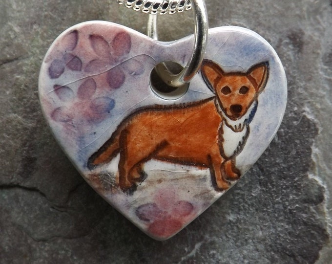 Handmade Ceramic Corgi dog heart pendant
