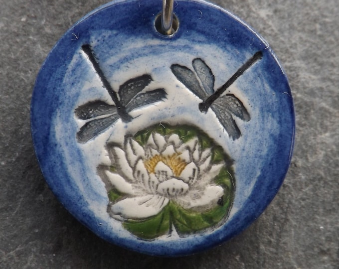Handmade Ceramic Dragonflies Waterlily pond scene pendant in blue