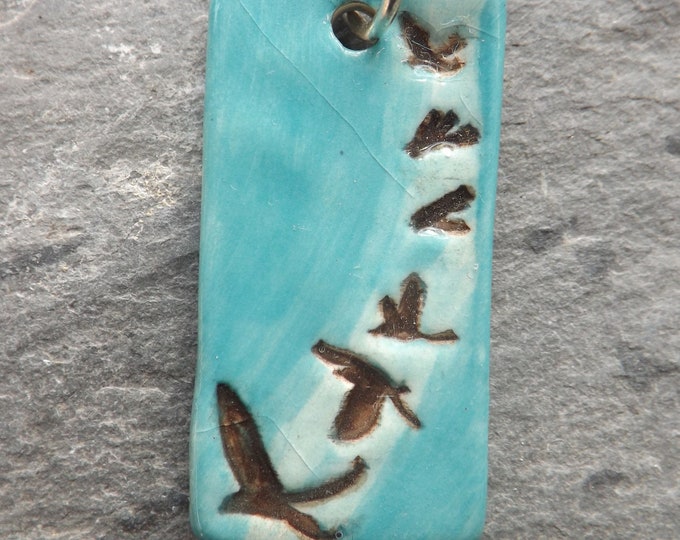 Handmade Ceramic Swallows Pendant in aqua