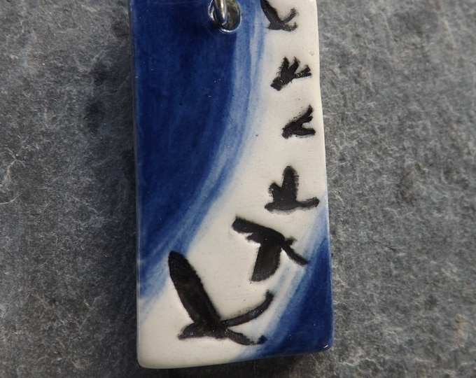 Handmade Ceramic Swallows Pendant in blue and white