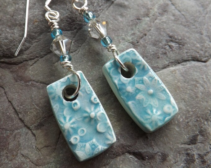 Handmade Ceramic, Swarovski crystal and sterling silver Earrings in turquoise