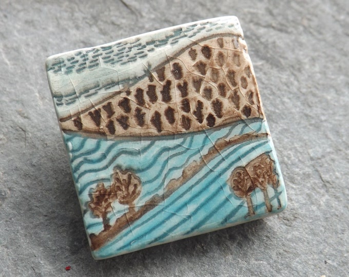 Ceramic Landscape Brooch in turquoise blue and brown