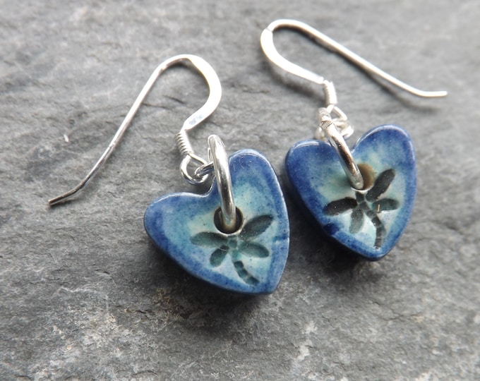 Dragonflies heart-shaped ceramic and sterling silver drop earrings in turquoise and blue