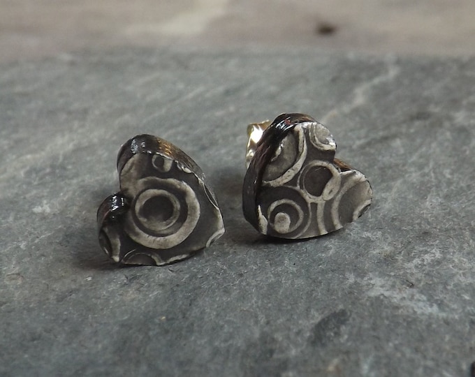 Ceramic and Sterling Silver Heart Stud Earrings in black, white and grey