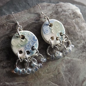 Handmade Ceramic and sterling silver Moon Dangle Earrings in soft opal colours
