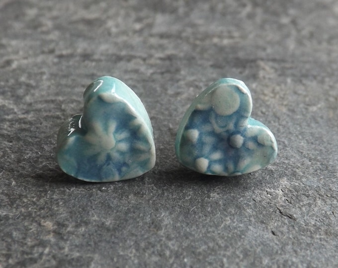 Ceramic and Sterling Silver Heart Stud Earrings in turquoise blue