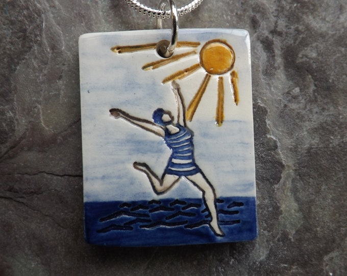 Beach Belle ceramic pendant in blue yellow and white