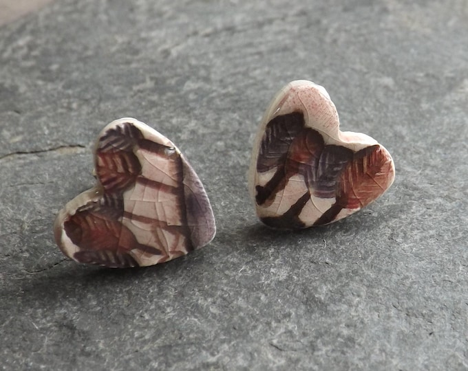 Trees ceramic and sterling silver heart stud earrings in pink and purple