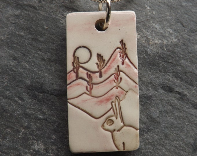 Handmade Ceramic Hare pendant in rose pink