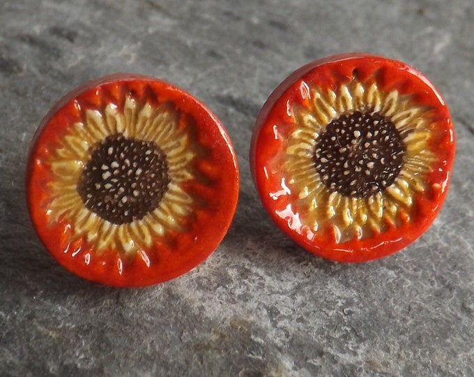 Sunflower ceramic and sterling silver stud earrings in red and yellow