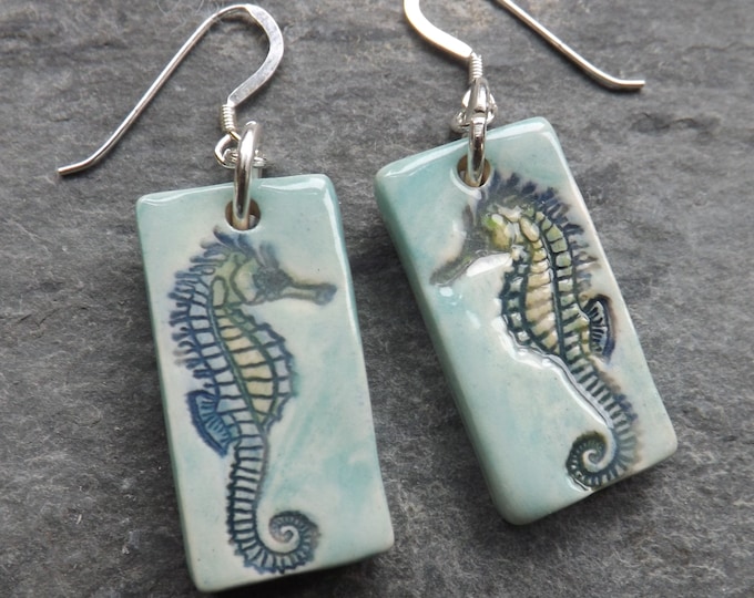 Seahorses handmade ceramic and sterling silver long drop earrings in turquoise, green and blue