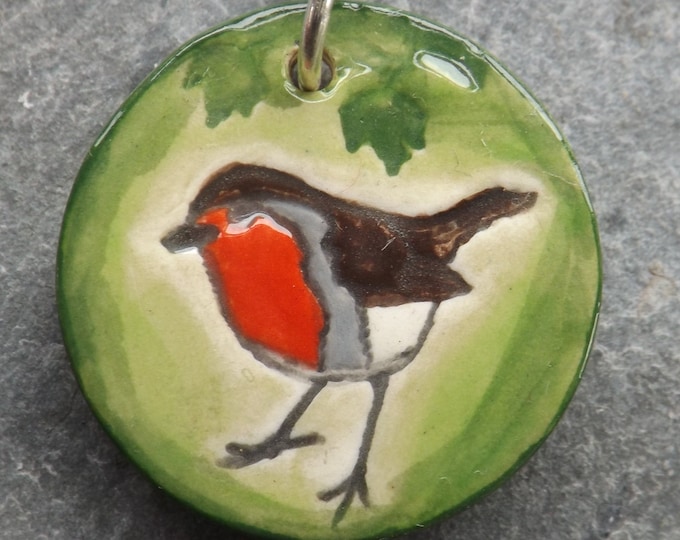 Handmade Ceramic Robin Pendant in green, bird lover gift