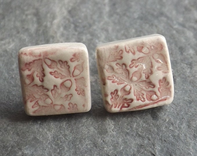 Oak Leaf and Acorn ceramic and sterling silver square stud earrings in rose pink