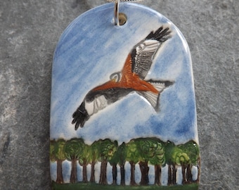Handmade Ceramic Red Kite Archway Pendant, bird lover gift