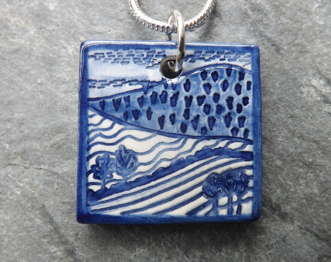 Handmade Ceramic Landscape Pendant in blue and white