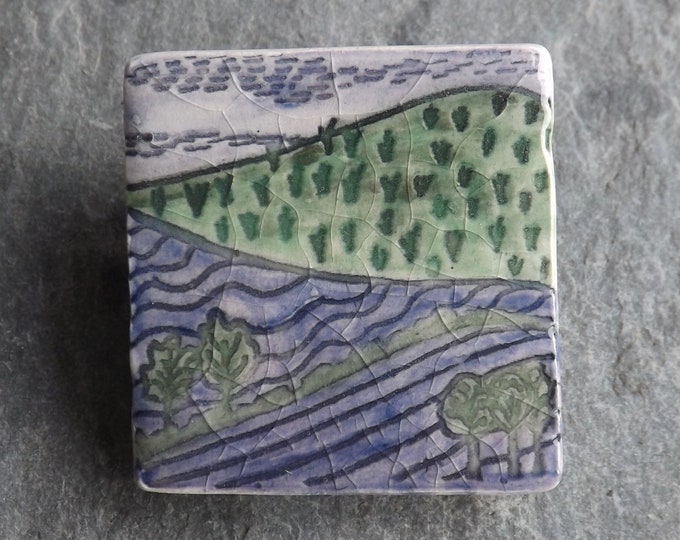 Ceramic Landscape Brooch in purple and green