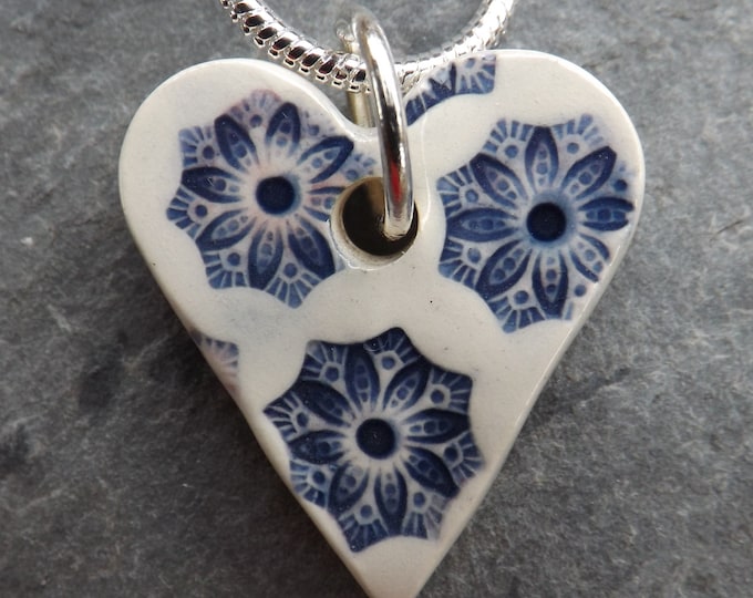 Handmade Ceramic Heart Pendant in indigo blue and pink