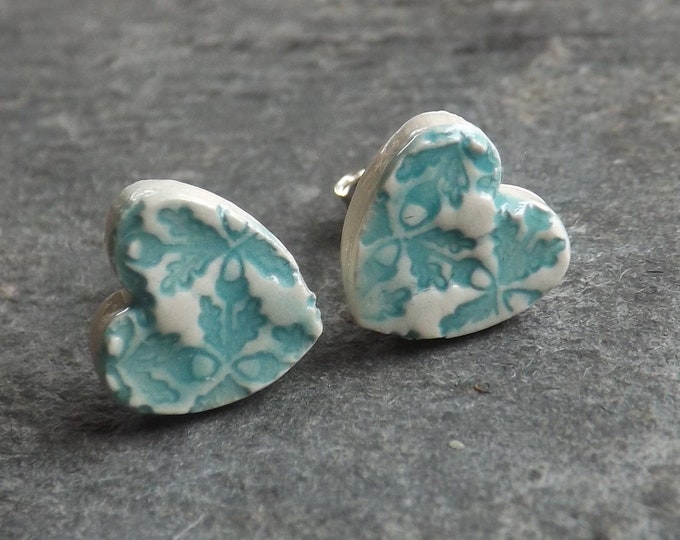 Oak Leaf and Acorn ceramic and sterling silver heart stud earrings in turquoise