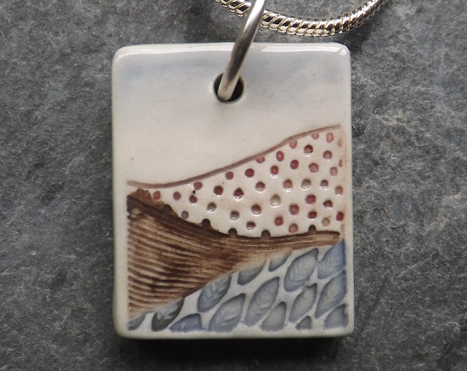 Tiny Landscape Handmade Ceramic patchwork fields Pendant in lavender and rose