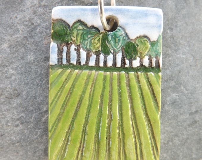 Handmade Ceramic Furrows Pendant in spring greens