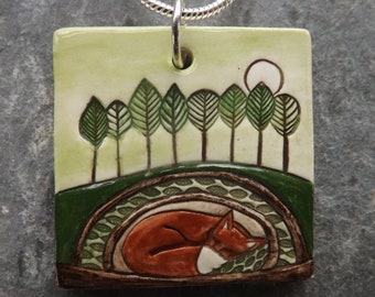 Handmade Ceramic Fox pendant in green, animal lover gift