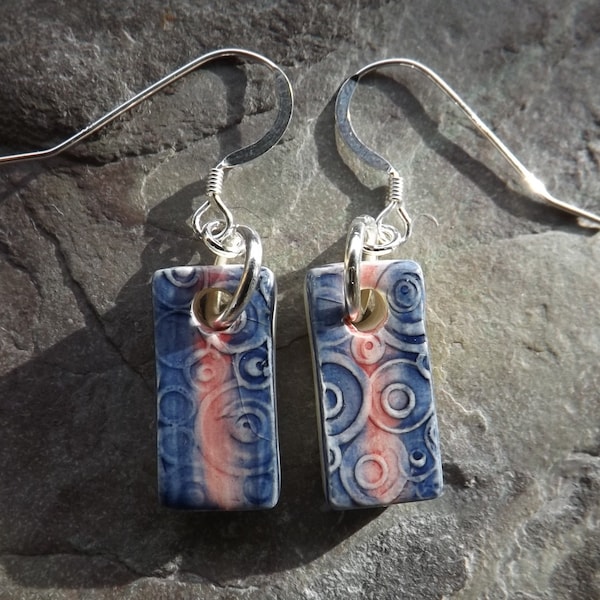 Handmade ceramic ripples drop earrings in rose pink and blue