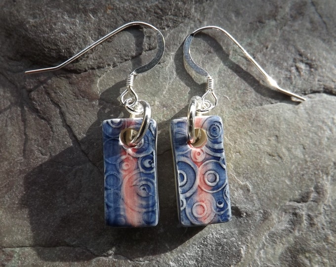 Handmade ceramic ripples drop earrings in rose pink and blue