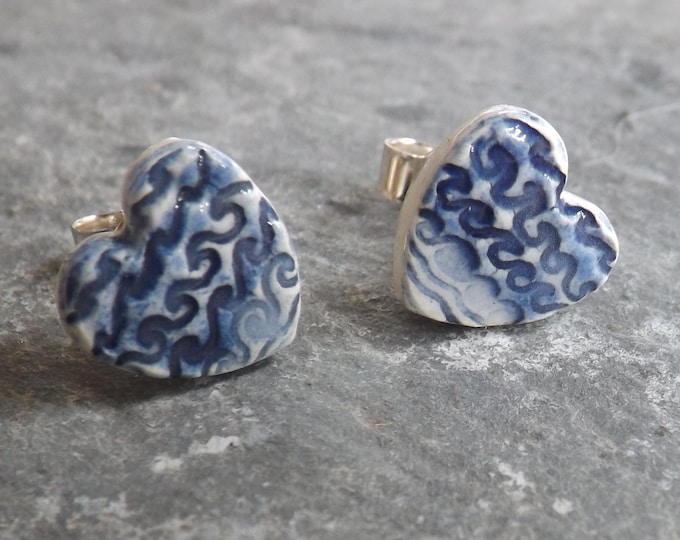 Handmade ceramic and sterling silver Waves heart stud earrings in blue