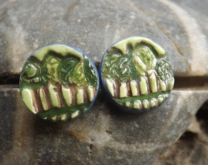 Trees ceramic and sterling silver stud earrings in green