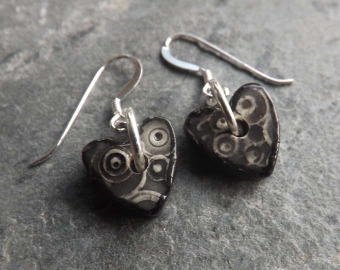 Handmade Heart-shaped ceramic drop earrings in black, white and grey