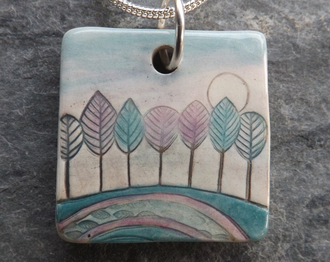 Handmade Ceramic Trees pendant in turquoise and lilac, tree lover gift