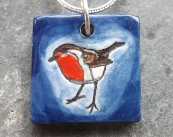 Handmade Ceramic Robin Pendant in blue, bird lover gift