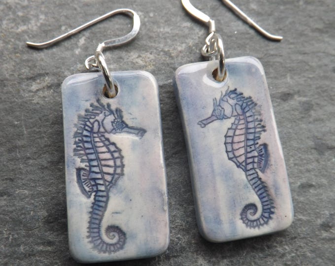 Seahorses handmade ceramic and sterling silver long drop earrings in blue and purple