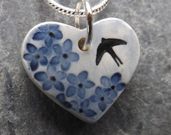 Handmade Ceramic Summer Garden Heart Pendant in Blue