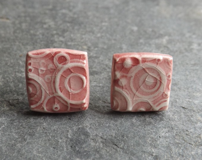 Ripples ceramic and sterling silver square stud earrings in rose pink