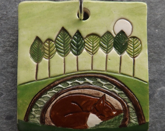 Handmade Ceramic Fox pendant in green, animal lover gift