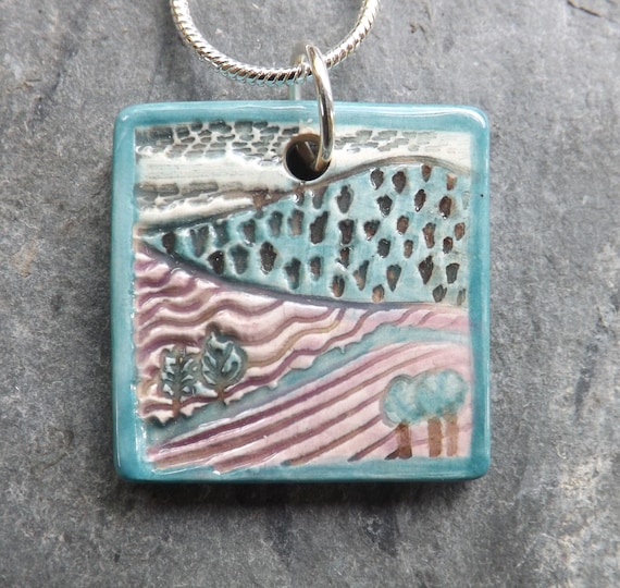 Handmade Ceramic Landscape Pendant in Turquoise and Lilac