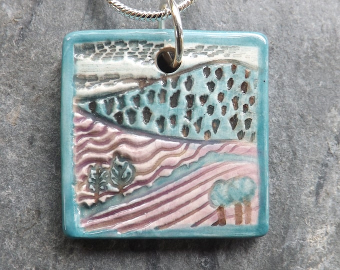 Handmade Ceramic Landscape Pendant in turquoise and lilac
