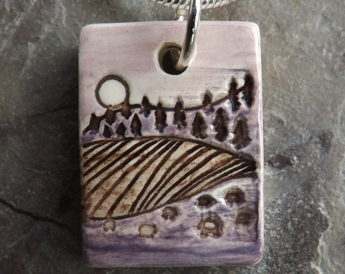 Tiny Ceramic Landscape Pendant in purple