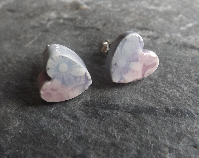 Ceramic and Sterling Silver Heart Stud Earrings in lavender and purple