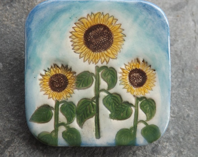 Handmade Ceramic Sunflowers brooch in sky blue