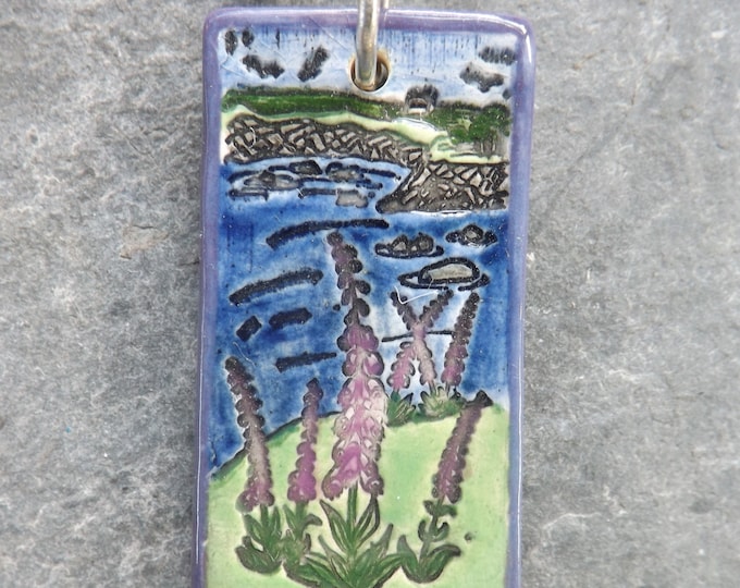 Foxgloves Handmade Ceramic Coastal Scene Pendant in purple
