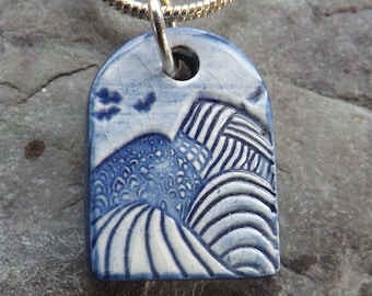 Handmade Ceramic ‘Mountains’ Pendant in blue