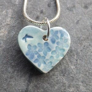 Handmade Ceramic Summer Garden Heart Pendant in Blue