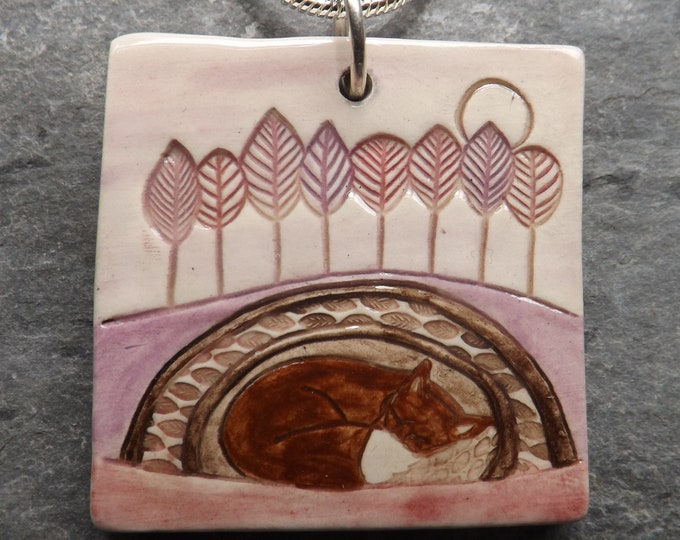 Handmade Ceramic Fox pendant in pink and lilac