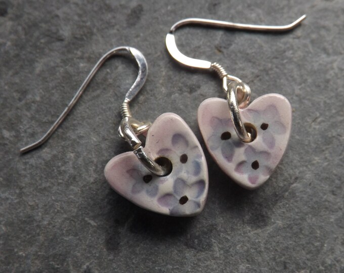 Summer Garden heart-shaped ceramic and sterling silver drop earrings in lilac and lavender