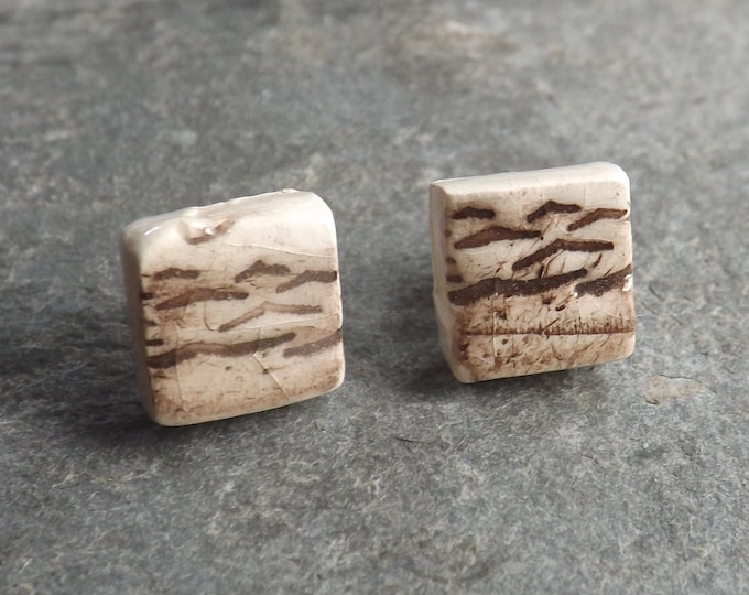 Handmade ceramic and sterling silver Seascape stud earrings in sepia