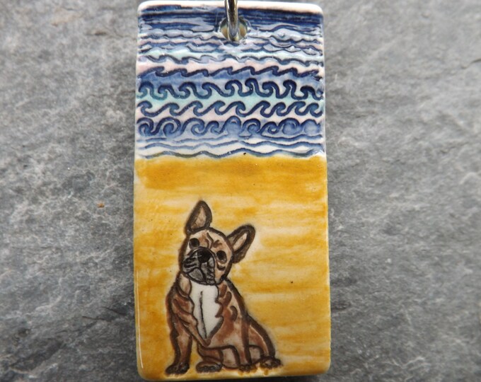 Handmade Ceramic French Bulldog on the beach pendant