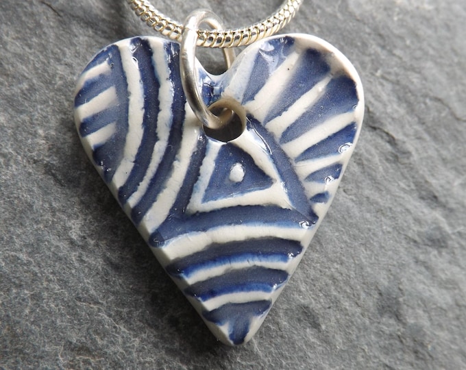 Handmade Ceramic small lotus heart Pendant in blue and white